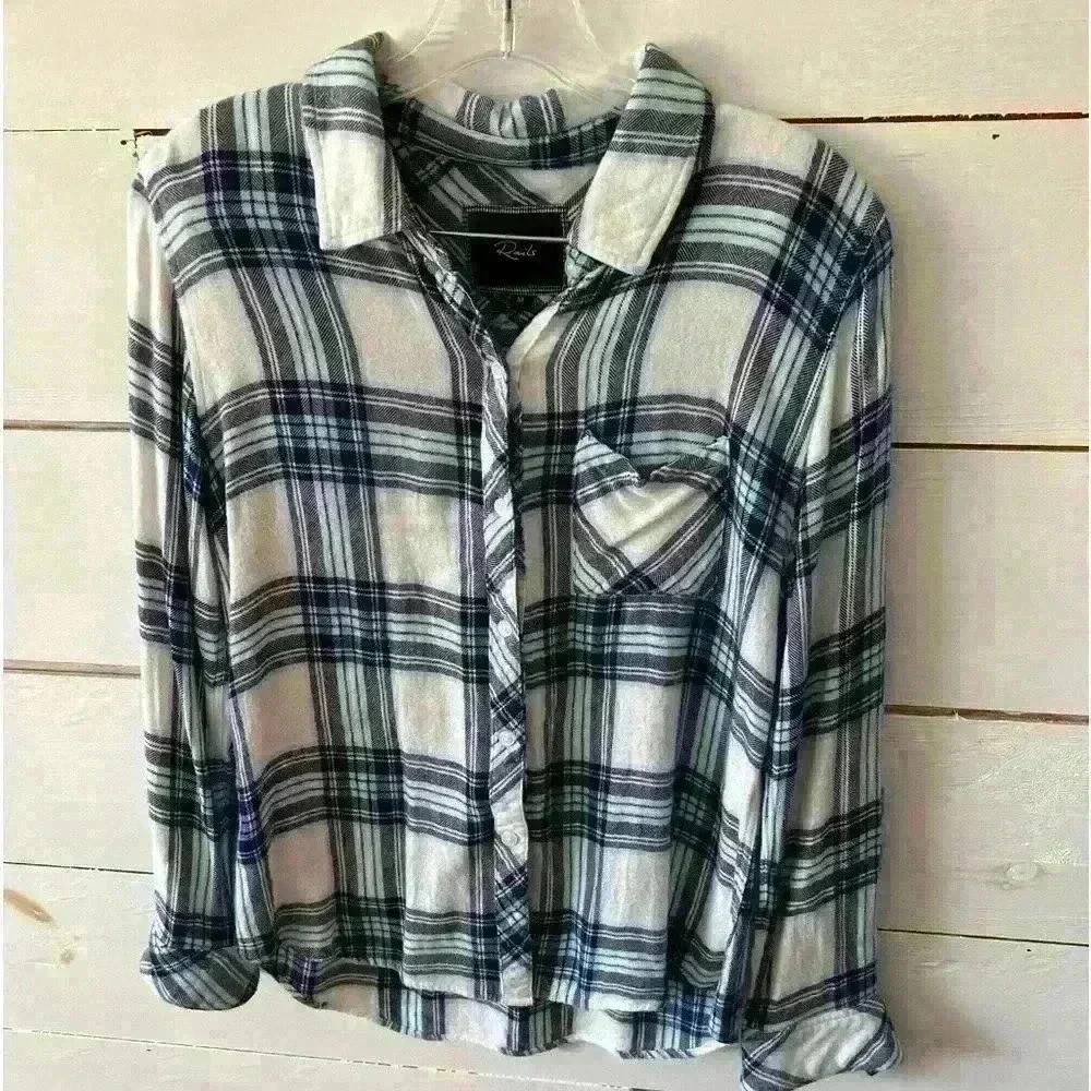 RAILS Hunter Button Down Shirt, Teal, Navy and white plaid Size medium, EUC